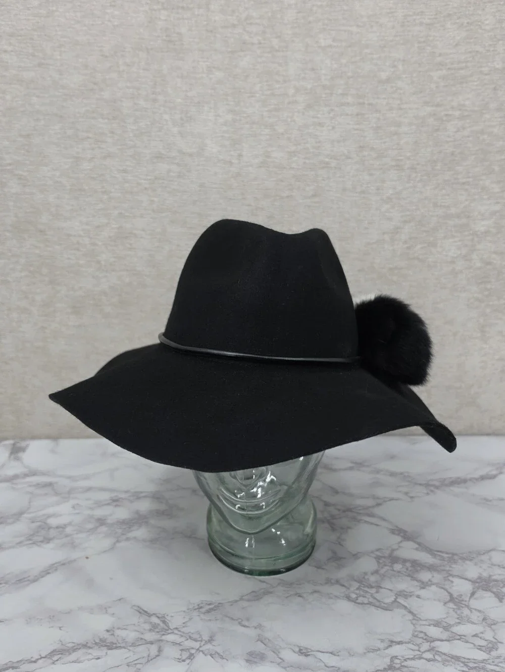 Echo Wool Cloche Floppy Brim Hat Leather Band with Rabbit Fur Pom Poms Black
